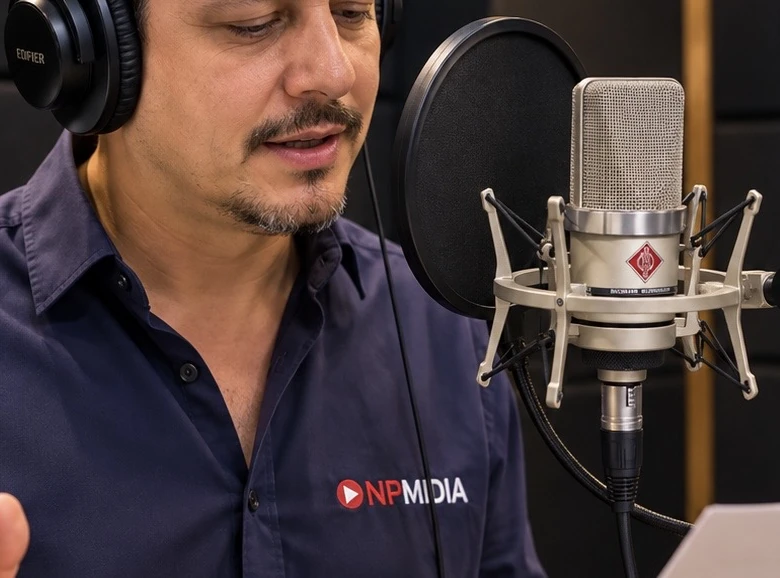 Locutor com a marca NPMIDIA na camisa, microfone e fones no estúdio