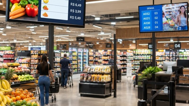 Telas digitais para comunicação de preços e ofertas no comércio, ilustração do Precifix